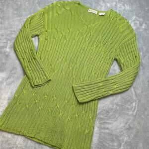 Vintage Sigrid Olsen‎ Sweater Womens M Chartreuse Green V Neck Cable Knit 90s